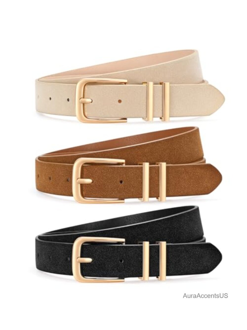 3 Pack Women's Faux Leather Belts with Gold Buckle for Jeans Dress Pants